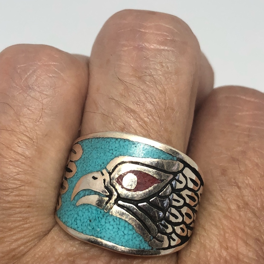 Vintage Southwestern Turquoise Inlay Hawk Ring - Picture 1 of 6